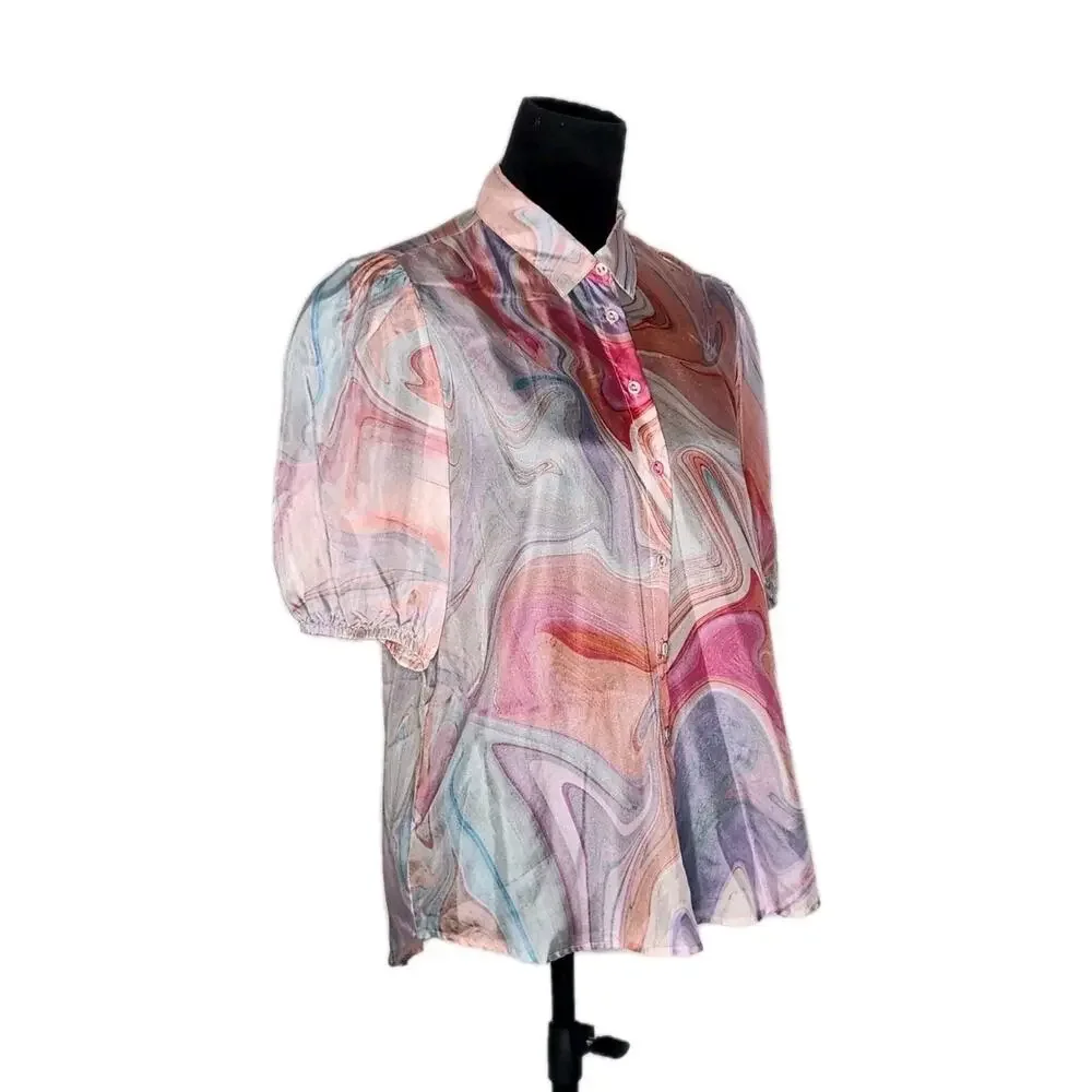Johnny Was Silk Blouse Size S Pink Multicolor Marble Swirl Print Puff Sleeve